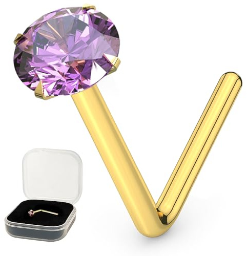 AZARIO LONDON Piercing de nariz en forma de L de oro amarillo macizo de 9 quilates, calibre 24 (0,5 mm) con piedra preciosa de cristal, piercing de nariz pequeño, calibre 24, joyería de piercing de