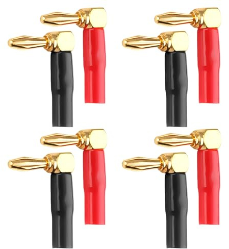 talNite 8-Pack 90 Degree Banana Plugs,24K Gold Plated 4mm Right Angle Audio Connectors for Speaker Wire, Sockets, Amplifier, Dual-Screw Type in Red & Black,And Sound Systems