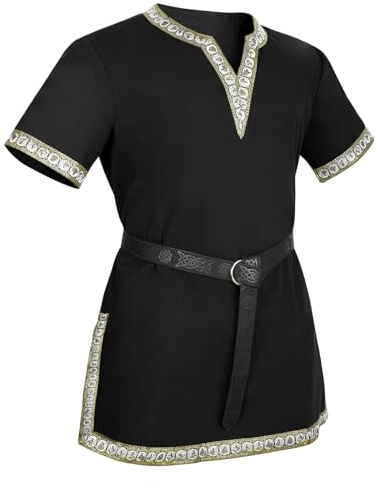 VONMELLI Disfraz medieval para hombre, camisas, renacimiento, vintage, túnica, caballero vikingo, pirata, Halloween, cosplay, negro, con cinturón medieval, XL
