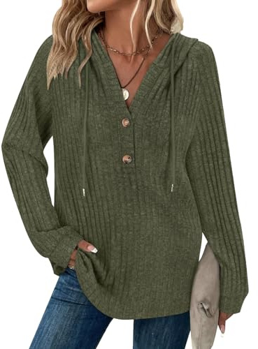 Syphiby Hoodies for Women Ladies Jumpers Long Sleeve Tops V Neck Pullover | Drawstring Button Casual Sweatshirt Spring Autumn Winter Tunic Clothes S-XXL
