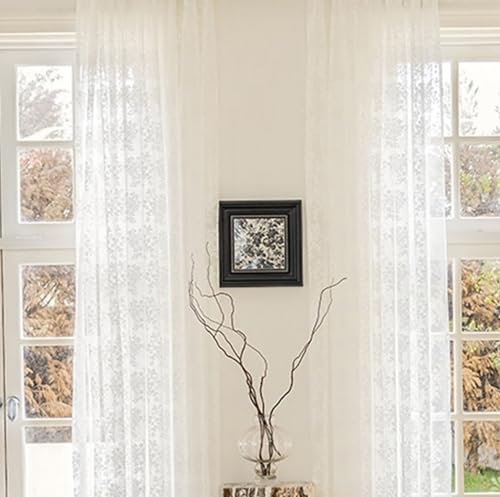 Beydodo Vorhänge Halbtransparent mit Schlaufen 86x138CM, Gardinenschals 2er Set Weiß Spitze mit Blumen Motiv Französisch Lichtdurchlässige Gardinen Chenille Schiebevorhänge für Wohnzimmer