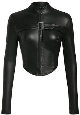 MakeMeChic Women's Leather Cropped Jacket Winter Y2K Long Sleeve Black Jacket Zip Up Outerwear Tops Black X-Small