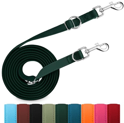PETCOOZ 3 m Hundeleine für Kleine & Mittelgroße Hunde, Dunkelgrün | Bis 30 kg Belastbar, Stufenlos Verstellbare Schleppleine, Robustes Nylon, 2 Karabiner, als Führ-, Trainings- und Doppelleine