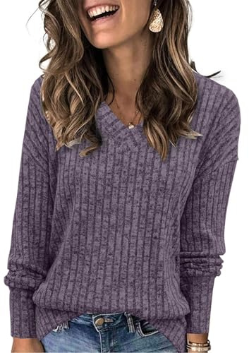 Famulily Pullover für Damen V-Ausschnitt Langarmshirt Leichter Strickpullover Oberteil mit Seitliche Schlitze