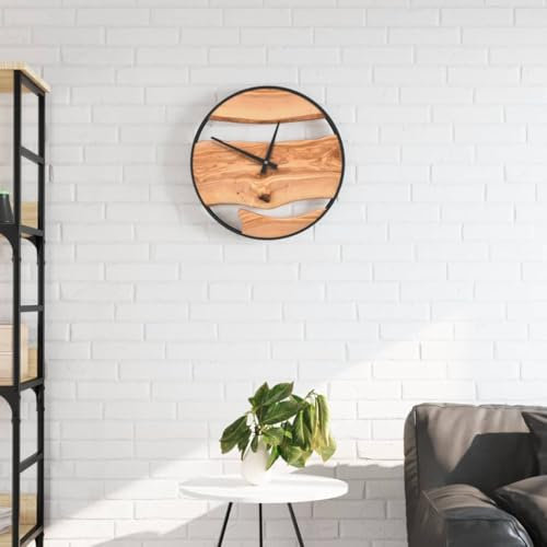Brokky Orologio a Parete Marrone Ø35 cm in Ferro e Legno di Ulivo-Orologio da Parete Adesivo Grande - Particolari Moderni - Orologio da Muro per La Casa Soggiorno Cucina Camera da Letto Ufficio Decora