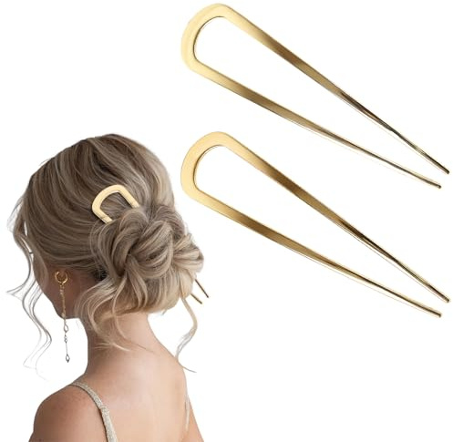 2 Stück Französische Gold Haarnadel Haarnadeln Groß Metall U-Förmige Haarnadel Haarpin 2 Zinken Hochsteckfrisur Chignon Pins Haarnadeln U-Förmig Französisch Stil Haar Hochsteckfrisuren Für Frauen Mädc