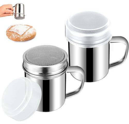 2 Kakaostreuer,Puderzuckerstreuer mit Griff,Edelstahl-Pulverstreuer,Kaffee Zubehör Edelstahl-Pulverstreuer, Mehlstreuer mit Deckel für PuderZucker, Pfeffer, Zimtpulver,Salz,Kakao,Kaffee
