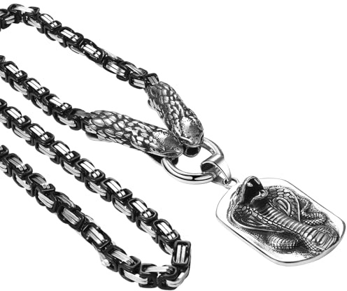 Flongo Wikinger Kette Wolf Medallion: Wolf Wolfkopf Odin Warrior Thors Hammer Schlange Halskette Silber Edelstahl Herren Damen massiv Königskette Amulett mit Wolf Anhänger Accessoires