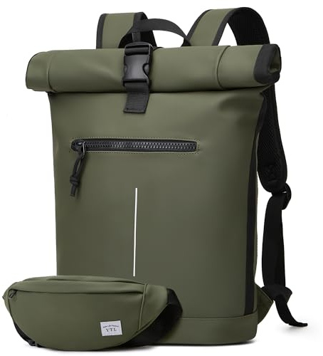 YTL Rolltop Wasserdicht Rucksack für Damen & Herren,mit Laptopfach für 17 Zoll,Groß Elegantrucksack Rucksäcke Daypack für Radfahren,Reisen,Tasche für Schule, Uni Gürteltasche 2 set