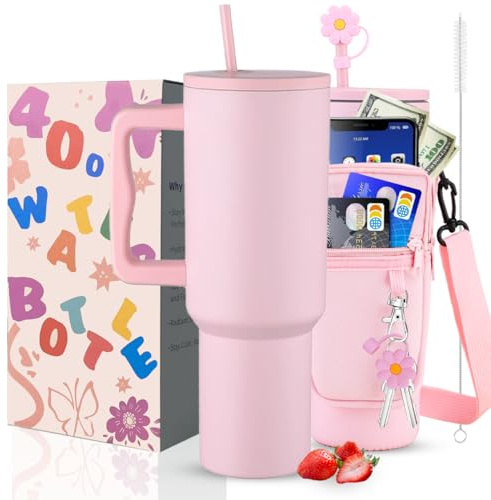 40 oz Tumbler mit Griff und Strohhalm & 6PCS Tassenzubehör für 40 oz Tasse - vakuumisolierte Edelstahl-Doppelwand-Wasserflasche Reise-Kaffeebecher (Rose Quartz)