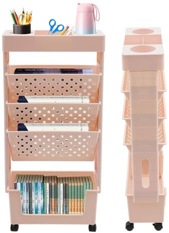 DHQCQL Piccola libreria con ruote, carrello pieghevole con 5 livelli e ruote girevoli a 360°, scaffale per soggiorno, cucina, biblioteca, camera da letto, ufficio (rosa)