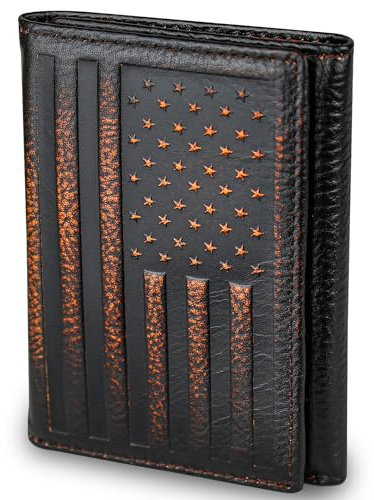 DK86 USA Flag Trifold Wallets for Men American Flag Wallet Full Grain Leather with Hand Burnished Tri-Fold Wallet RFID Blocking