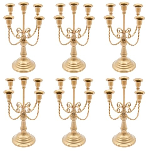 Etrhdfyts 6 Stück Kerzenständer 5-Armig Metall Eisen Kerzenhalter für Stabkerzen, Kandelaber Kerzenleuchter für Kegelkerzen Party Hochzeit Tisch Mittelstücke Dekor (Gold)