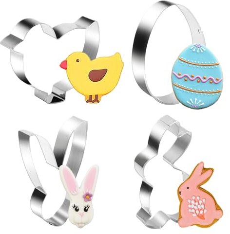 Easter Cookie Cutters Set - 4PCS Stainless Steel Easter Cutters for Biscuit, Cookie, Fondant, Sandwich, and Baking Decoration - Egg, Rabbit Face, Bunny, Chick