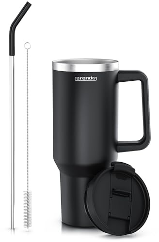 Arendo – Trinkflasche Thermobecher Doppelwandig - 1200 ml – Vakuumgehäuse Edelstahl - Kaffeebecher Auslaufsicher - luftdichter Verschluss - mit Strohhalm - Für Heiß- und Kaltgetränke