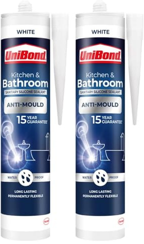 UniBond Anti-Mould Kitchen & Bathroom Sealant – White – 274g Pack of 2 | Waterproof Silicone Sealant for Showers, Baths, Sinks & Tiles | Long-Lasting Mould Protection