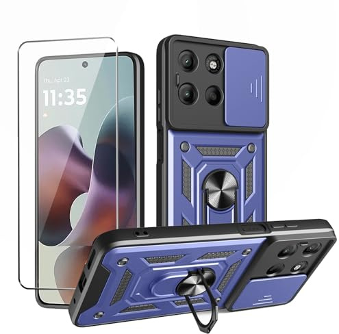 LYZXMY Funda para Motorola Moto G56 5G (6.72) + 1 x Protector de Pantalla Vidrio Templado - Carcasa con Soporte rotativo de 360 °[ Doble Capa PC + TPU ] Caso Case-Azul