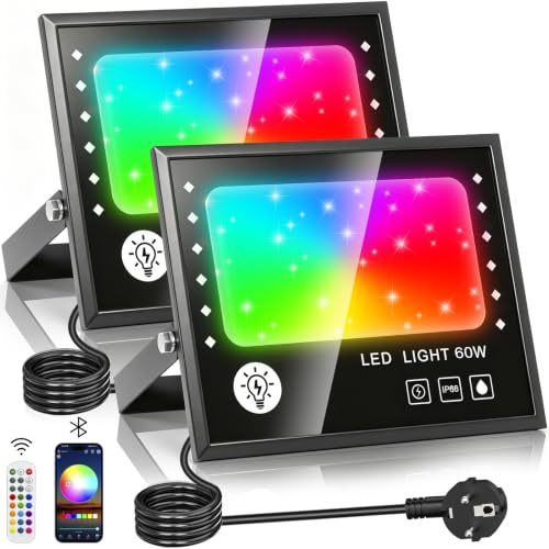 60W RGB LED Strahler Fluter Außen, RGB Strahler Outdoor mit 2.4G Fernbedienung Bluetooth APP, 16 Million Farben und DIY Modus, mit Timing, Musiksynchronisation, IP66 Wasserdicht,2 Stück