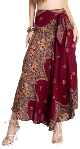 Tranquil Threads Boho Maxi Skirt for Women, Beach Sarong Wrap, Vacation Summer Skirt Dress Combo Ruby Mirage XS