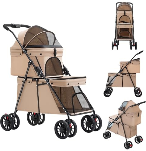 Doppelschichtiger Kinderwagen für Hunde und Katzen, 2 Etagen, abnehmbar und faltbar, mit drehbaren Universalrädern, mit Belüftung und Bremsen (braun)