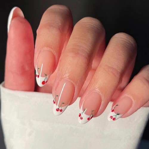Viugex 24Pcs Medium Press on Nails Almond, White French Tip Fake Nails with Cute Cherry Design, Natural Acrylic Full Cover False Nails, Reusable Gel Stick on Nail for Women Girls Daily Wedding Wear