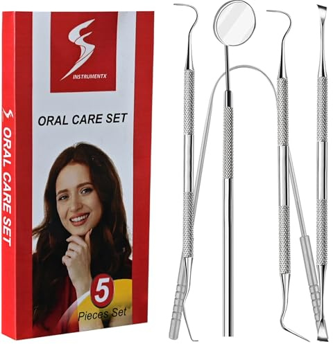 SS INSTRUMENTX Plaque Remover for Teeth Cleaning with Tongue Cleaner, 5 Pcs Stainless Steel Dental Tools with Tartar and Calculus Removal for at-Home Personal Use Men, Women and Kids