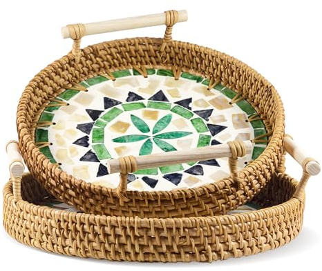 Welhammsae 2 Stück Rattan Serviertablett mit Griff Geflochtener Aufbewahrungskorb Couchtischtablett für Geeignet für Zuhause Küche Bad Wohndekor(Muschel Böhmen)