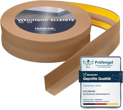 HOLZBRINK Weichsockelleiste selbstklebend PVC 32x23mm, 2 m | Küchenleiste Arbeitsplatte | Abschlussleiste selbstklebend für Badezimmer | Farbe: Eiche hell