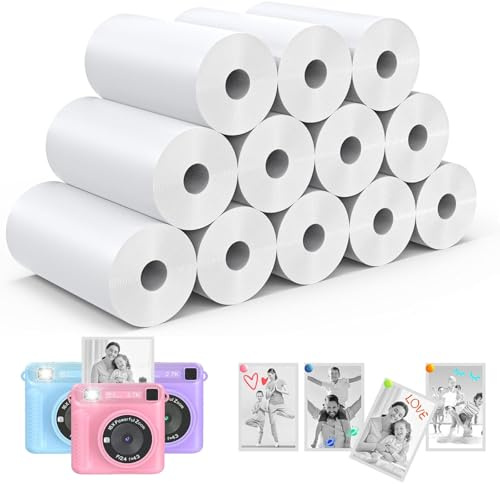 12 Rollos Papel Térmico para Cámara Infantil, Papel Fotográfico Impresora Térmica, Papeles de Repuesto Sin Tinta para Cámara Fotos Niños, Fácil de Reemplazar, Blanco 57x25mm