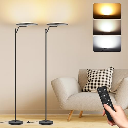Oraymin 2 Stücke Stehlampe Wohnzimmer 32W, Deckenfluter Stehleuchte Dimmbar mit Fernbedienung, 2700K-6500K Stehlampen LED Dimmbar Hohe Stehleuchte, Drehbare Stehlampe für Wohnzimmer Schlafzimmer Büro