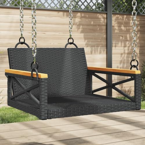 IBUQDDV Hängesessel Schwarz 63x62x40 cm Poly Rattan PE Geflecht Schaukelbank mit Befestigungsringen für Garten Terrasse Outdoor Relax