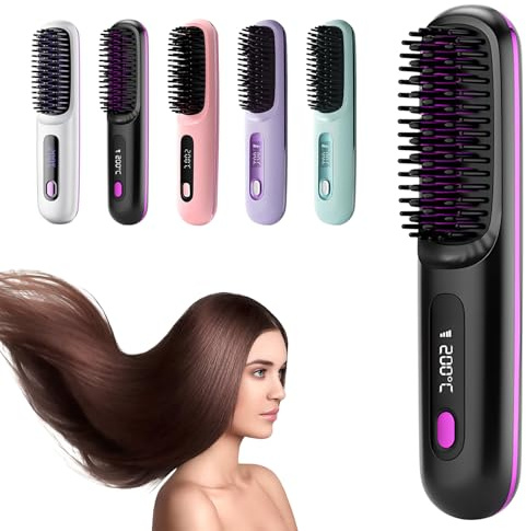 Glättbürste, 2026 Neu Mini Glätteisen 2 In 1 Locken Und Glätten für Haar Glätten 3 Wärmestufen Kabellos, Haarbürste mit LED Anzeige und 3 Wärmestufen 160°C-200°C für Anwendung Unterwegs (Schwarz)