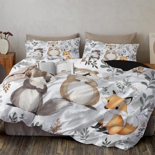 CLMECIBO Badger Beaver Fox Duvet Cover Set - Extra Soft Watercolor Animals Duvet Cover 104x90 with 2 Pillowcases - Comfy, Breathable Grey Bedding Set with Zipper Closures and Ties