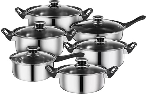 6 Pcs Stainless Steel Pan Set with Glass Lids and Heat-Resistant Handles | Induction Compatible Cooking Pot with Stockpot Set Casserole,Frying Pan & Saucepan Set,Dishwasher Safe