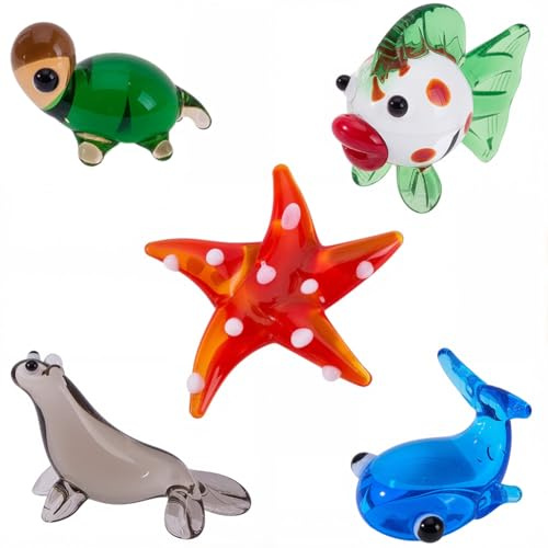 BEAMARKER 5 pieza de 5 estilos de Pequeñas Figuras de Animales Marinos, Mini Adorno de Animal Marino Hecho A Mano, Lámpara de Cristal, Pez Dorado, Estrella de Mar, Lobo de Mar, Ballena, Tortuga para e