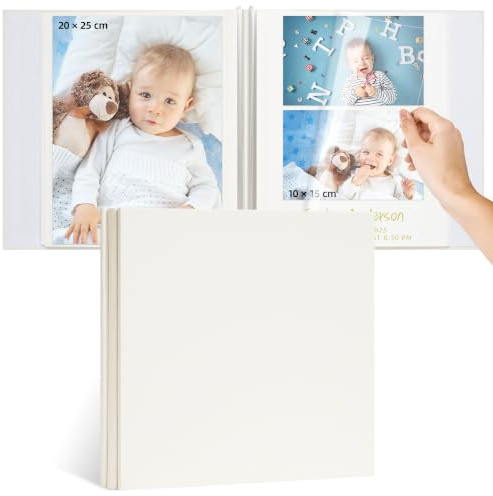 Vienrose Baby Self Adhesive Photo Album 20 Sheets with Crystal Sticker | Text Crystal Stickers Included, Linen Cover, Fits 4X6 8X10 Photos, Diy Memory Book