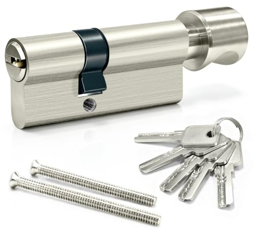 MANICAF Cilindro de cierre de 30/40 mm con pomo de 70 mm, cilindro de perfil para puerta de casa y apartamento, cerradura de cilindro, 5 llaves y tornillos de fijación
