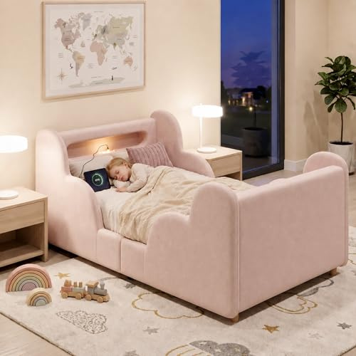 Kinderbett Polsterbett 90x200, Einzelbett mit LED Nachtlicht, USB-Ladeanschluss und Ablagefächern, Jugendbett Funktionsbett Bettgestell mit Rausfallschutz und Lattenrost, Samt, Ohne Matratze, Rosa