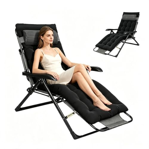 YUODIJIO Chaise Longue Jardin Exterieur, Dossier RéGlable 7 Positions, Chaise Longue Pliante avec Coussin et Appuie-TêTe, Capacité 150kg, Transat Pliable pour Jardin, Balcon, Terrasse (Noir)