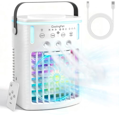 4 IN1 Portable Air Cooler with Remote, 1000Ml Mini Air Conditioning Fan,Quiet 3 Wind Speeds & 3 Cool Mist, 2-8H Timer &7-Color LED Light,Personal Air Conditioner Fan for Home, Office,Bedroom,Travel.