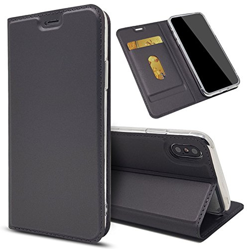 Eximmobile - Slim Handyhülle Brieftasche für LG V30 mit Kartenfach in Dunkelgrau | Dünne Schutzhülle | Handytasche als Book Case | Cover | Taschen | Etui Hüllen | Halterung aus Silikon