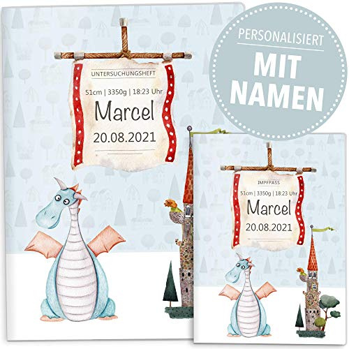 OLGS Hülle für U-Heft + Impfpass als Set Ritter und Drachen | Untersuchungsheft- & Impfpasshülle ideal als Geschenk für Kinder oder Babyparty mit Namen (U-Heft Set personalisiert, Drache Titus)