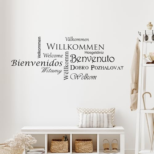 GRAZDesign Wandtattoo Multilingualer Willkommensgruß Wandsticker Flur und Diele, Eingang, Sprüche Wandsprüche, Sticker Aufkleber modern - 146x57cm / 070 schwarz