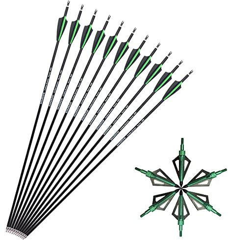 SHARROW 12pcs Flèches de Carbone 30 Pouces Flèches de Chasse Spine 500 pour Arc à Poulies et Arc Classique (Vert+12pcs Broadhead)