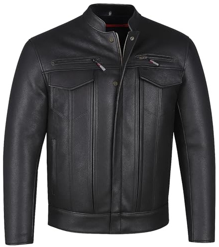 COMMUTER Men's Motorcycle Jacket, Premium Buffalo Leather, CE Armor, Utility Pockets, Street Cruiser Motorbike Biker Black XL