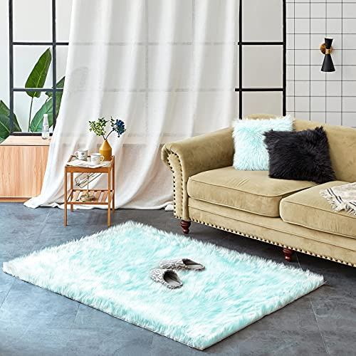 Teppich Wölkchen Lammfell Kunst-Fell-Teppich | Hochflor Deko Schaffell als Flauschiger Bett-Vorleger oder Läufer für Schlafzimmer, Wohnzimmer oder Kinderzimmer | Mint Grün - 120x170 cm