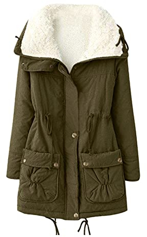 HHMY Chaqueta de invierno para mujer – Parka de invierno larga de pelo de peluche cálido forrado, cuello alto, sin capucha, chaqueta acolchada, abrigo con bolsillo, cintura con cordón, S 3XL, Verde