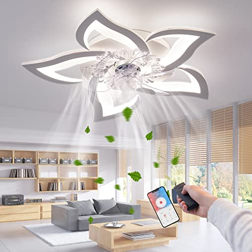 RRBEST LED Deckenventilator mit Beleuchtung,Kreativität 5 Flammige,Leise Dimmbar Lüfterlicht Deckenleuchte mit Fernbedienung und APP Steuerung（Weiß 69cm）