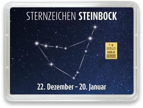 Goldstücke24 - Goldbarren mit Sternzeichen in Motivbox - Tolle Geschenkidee - Echtheitsgarantie (Steinbock: 22. Dezember - 20. Januar, 1g Gold)