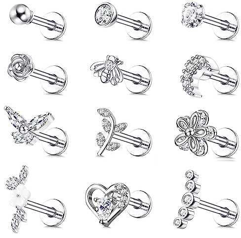 JeweBella 12-teiliges Tragus & Helix Piercing-Set für Damen - Chirurgenstahl mit Zirkonia Herzen, Blumen & Conch-Design - Tragus & Ohrstecker - Silber/Gold